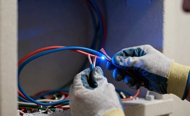 A sharp, technical photograph of professional electrical wiring installation in a North American home. An electrician's hands in safety gloves are visible working with copper wires. High contrast lighting with dark blue shadows and electric blue highlights.