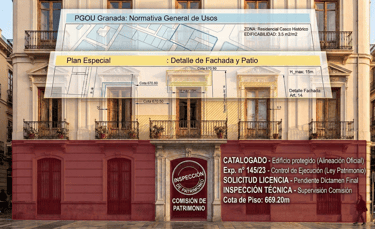 Infografía técnica: Superposición de PGOU y Plan Especial en fachada histórica Granada.