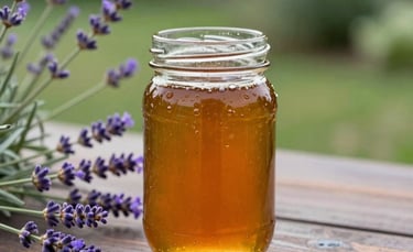 An elegant glass jar of amber honey standing on a dark wooden table outdoors in a North American / US garden with fresh wildflowers and lavender sprigs nearby.