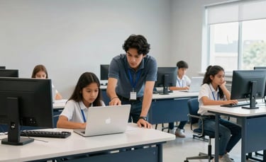 Wide shot of a bright modern computer classroom in a South American setting. A person is guiding a student on a laptop. The room has light gray walls and dark blue furniture with clean natural lighting.