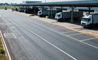 A high-angle professional photograph of a modern Brazilian land transport terminal. Clean, organized asphalt yard with white lines, under bright daylight. The scene highlights efficiency and logistical order, with distant silhouettes of trucks and cargo equipment. Muted blue and slate blue tones dominate the infrastructure.