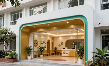 The modern, inviting entrance of a South Asian child development center in Hyderabad. The architecture is clean and professional, with warm gold and teal accents, surrounded by greenery to create a welcoming and trustworthy atmosphere for families.
