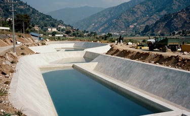 A scenic view of a clean water conservation project in a South Asian valley. The engineering is modern and integrated with the landscape. The atmosphere is calm, using colors like deep blue and soft off-white.