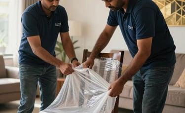 A professional photography shot of a South Asian moving crew carefully wrapping a wooden dining chair in bubble wrap inside a bright apartment in New Delhi. The scene uses natural lighting and features a palette of dark blue and gold in the background elements, emphasizing care and reliability.