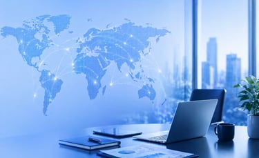 Modern office setup with global business analytics screen representing international market expansion