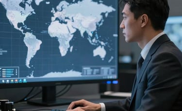 Business professional analyzing global market data for strategic market entry planning