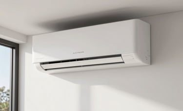Interior shot of a luxury modern villa in the French Riviera, sleek minimalist air conditioning unit installed on a clean white wall, high-end contemporary design with bright natural light, Southern European aesthetic.
