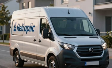 Professional commercial delivery van parked in a clean, modern Central European suburban business district, soft morning light, silver and dark blue tones, reliable logistics atmosphere.