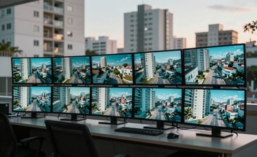 A professional monitoring station with large screens displaying security footage of a modern condominium complex in South American / Brazilian urban area. Soft morning light, dominated by deep teal and soft white tones, wide angle.
