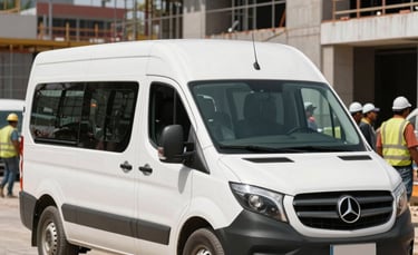A professional white passenger van parked at a bustling South American construction site. The scene is bright and professional with construction workers wearing safety gear in the background. The lighting is natural and clear, emphasizing reliability.