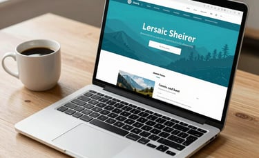 A sleek laptop showing a vibrant website interface on a light wood desk next to a warm cup of coffee, natural soft light, North American modern home office style, professional and cozy with Turquoise Blue accents.