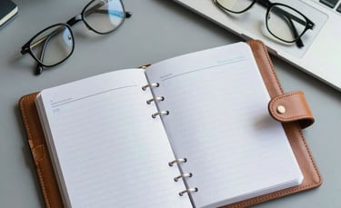 Top-down shot of a tidy desk with a leather-bound planner, a sleek laptop, and a pair of spectacles, South American / Latin American corporate aesthetic, light gray and muted blue tones.