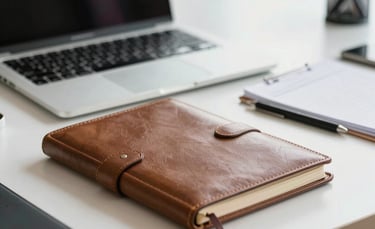 A close-up of a professional desk featuring a silver laptop and a leather-bound notebook in a bright, modern Florida office. North American / US.