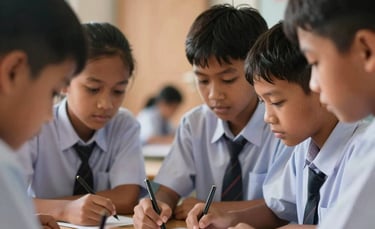 Close-up of Indonesian primary school students in uniform focusing on a group project, in a bright, modern classroom with wooden textures.