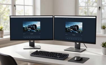 A modern web design workstation with dual 4K monitors, a mechanical keyboard, and minimalist decor in a North American home office, bright morning light streaming through large windows, sophisticated and professional atmosphere.