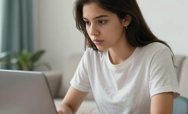 A young Latin American student sitting in a bright, modern living room, focused on a laptop screen with an expression of curiosity and learning. Soft natural light, high-quality photography, incorporating soft teal and off-white accents in the room decor.