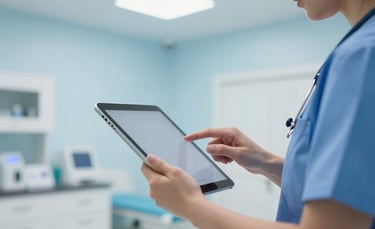 A close-up photograph of a healthcare professional in a modern North American clinic using a sleek tablet device. The setting is bright and clean with soft Alice Blue walls and professional lighting, emphasizing trust and innovation.