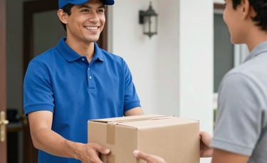A professional Latin American courier in a medium blue polo shirt handing a cardboard package to a smiling customer at the entrance of a modern house. Bright daylight, clean composition, reflecting trust and efficiency. Colors include medium blue and light gray.