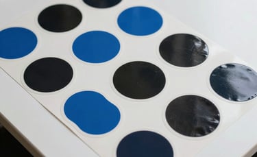 A top-down professional product shot of high-quality matte and glossy vinyl stickers spread across a modern white desk in a North American studio. Soft daylight illuminating the textures and vibrant blue and black inks.