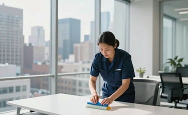 A wide-angle, bright interior photograph of a modern glass-walled corporate office in Long Island City, North American / US. A professional cleaner in a dark blue uniform is dusting a clean white desk. Natural light streams through large windows showing a cityscape background.
