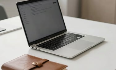 A high-end, minimalist desk setup in a bright North American office. A sleek silver laptop sits on a white desk next to a leather planner. The lighting is soft and natural, emphasizing a premium professional environment with hints of soft gray and beige.