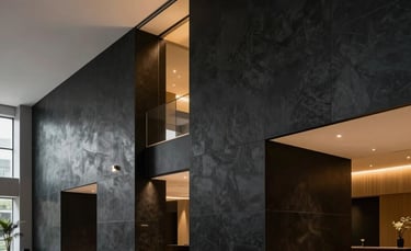 An ultra-modern minimalist South Asian / Indian cultural center lobby, charcoal black walls with recessed gold lighting, reflecting a premium and emotionally engaging atmosphere.