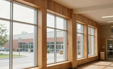 Clean, minimalist photography of a North American community center's atrium, showing bright windows and natural wood textures.