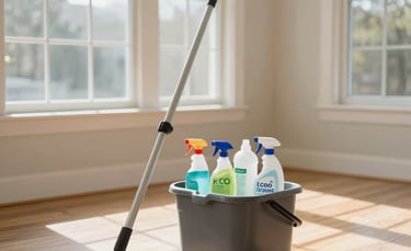 A bright and airy North American home interior with large windows letting in natural sunlight. A professional cleaning bucket with eco-friendly supplies sits on a polished wooden floor. The atmosphere is fresh, clean, and modern.