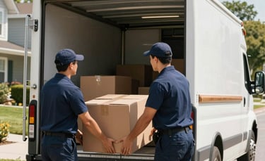 Professional movers in navy blue uniforms carefully loading a large cardboard box into a clean white moving truck parked in a sunny North American suburban neighborhood.