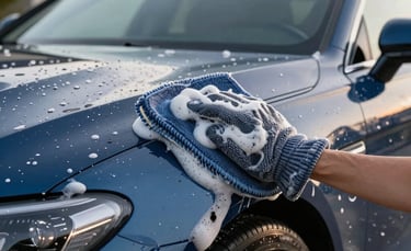 Professional close-up of a high-end car being hand-washed with premium microfiber mitts and thick suds, North American / US residential setting, soft morning daylight, steel blue and navy tones in the background.