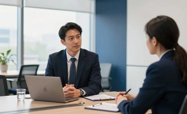 A professional business setting in a North American / US corporate office. A modern meeting room where a tech recruiter is conducting an interview with a candidate. Natural daylight coming through large windows, clean lines, and navy blue and off-white accents in the interior design.