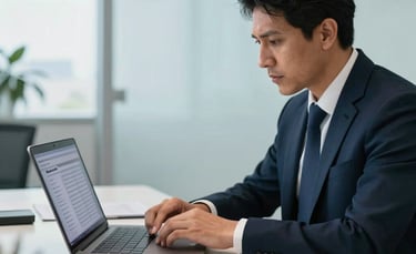 A focused professional in a modern South American office, reviewing brand availability on a laptop screen with a clean workspace and soft natural lighting. The scene uses tones of dark navy and light blue to convey authority and precision.