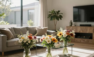 A high-resolution photography of a sun-filled modern living room in a North American home, decorated with several fresh bouquets in clean glass vases, peaceful atmosphere.