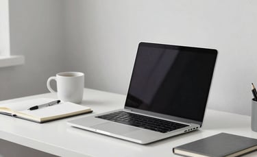 A clean, modern home office desk in North America with a laptop, a notebook, and a coffee mug. The setting is bright and professional with light grey and white walls, emphasizing a minimalist and trustworthy workspace.