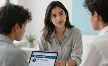 A professional female counselor in a modern office advising a young South Asian male student. They are looking at a tablet showing top UK universities. The atmosphere is supportive and professional, with soft natural light and a clean white and light blue background.