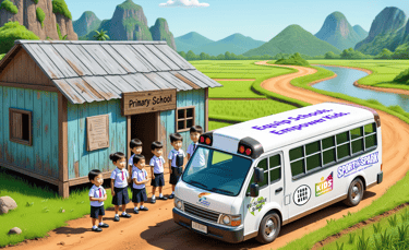 Concept illustration of van in front a school and kids