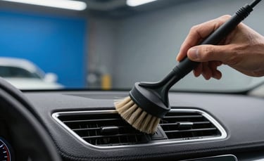 A close-up photograph of a professional car detailer's hand using a soft brush to clean the intricate vents of a luxury car dashboard. The setting is a clean, modern North American garage with bright blue and dark gray accents in the background. High-precision lighting highlights the dust-free surfaces.