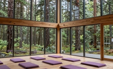 High-end architectural photography of a North American meditation hall. Wide windows reveal a pine forest, while the interior features light wood and soft purple cushions. The mood is sophisticated and enlightened.