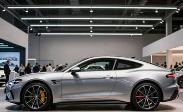 A side profile photograph of a sleek silver German grand tourer parked inside a brightly lit, modern industrial auction hall in the North American / European Luxury Automotive Market. The lighting is crisp and cinematic, highlighting the vehicle's aerodynamic curves and polished metallic finish.