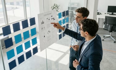 A high-angle photography shot of two professionals in a bright, modern North American office. They are reviewing a campaign storyboard on a glass wall decorated with navy and steel blue notes. Natural light floods the workspace, conveying a sense of clean, collaborative expertise.