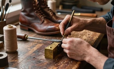 A close-up photograph of a professional cobbler's workbench in a Northern European workshop. Meticulous craftsmanship with high-quality leather boots, traditional brass tools, and rolls of thread. Soft natural light from a side window, emphasizing a trustworthy and traditional atmosphere with deep wood and leather tones.