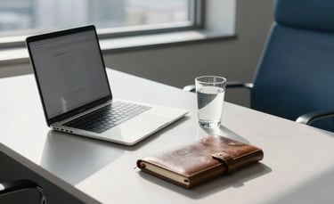 A high-end, clean North American office desk with a modern laptop, a leather journal, and a glass of water, bright natural sunlight coming through a window, professional and minimalist atmosphere with tones of light gray and medium blue.