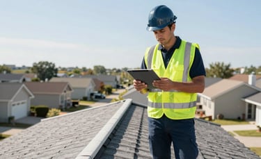 A professional roof inspector in a safety vest and hard hat walking on a suburban North American roof, holding a tablet to document findings, bright clear daylight, professional and trustworthy mood, high contrast colors with deep blue-gray and light gray accents.