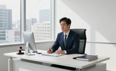 A sharp, high-contrast photograph of a professional lawyer sitting in a bright, modern North American legal office. Clean white desk, large windows with a city view, professional dark blue business attire, natural lighting, and white walls.