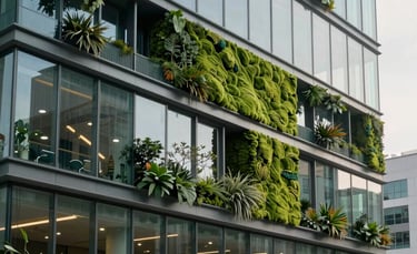 A modern North American office building designed with sustainable architecture, featuring glass walls and integrated greenery, soft moss green hues.
