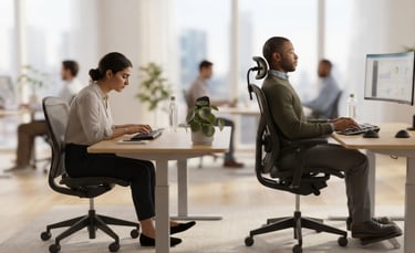 Examples of common desk posture mistakes and improved sitting habits in an office environment.