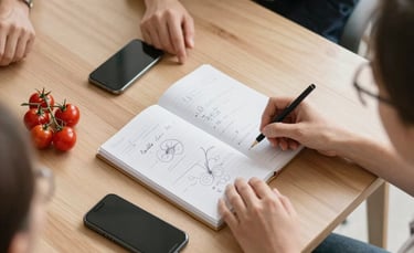 A top-down professional shot of a digital marketing strategy session in a bright Scandinavian studio. A minimalist wooden desk holds a notebook with sketches, a modern smartphone, and a small branch with cherry tomatoes. Natural light, clean lines, and a professional yet cozy atmosphere.