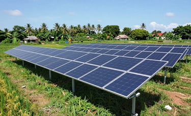 Rows of ground-mounted solar panels generating renewable energy in a lush tropical field.