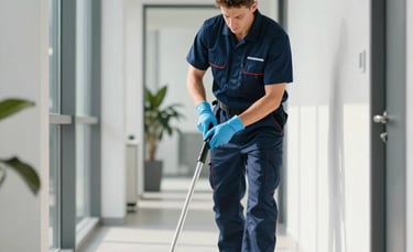 A professional cleaning scene in a modern, brightly lit office hallway in Central Europe. A worker in a professional dark blue uniform is using high-quality equipment. The lighting is natural and bright, conveying cleanliness and trust. Colors used include soft blue and white.