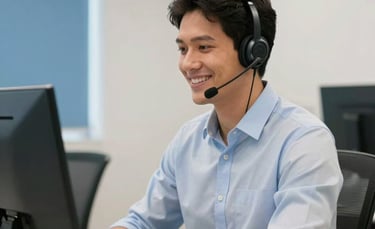 A professional Brazilian office environment where a person in a modern headset is smiling while working at a clean desk. The background shows soft blue and off-white walls, characteristic of a high-end corporate setting in South America. Bright, natural lighting, sharp professional photography.